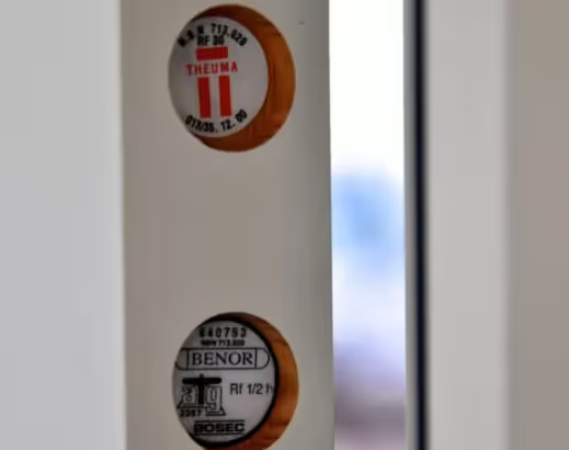 THEUMA en BENOR/BOSEC brandcertificatielabels op stalen deur